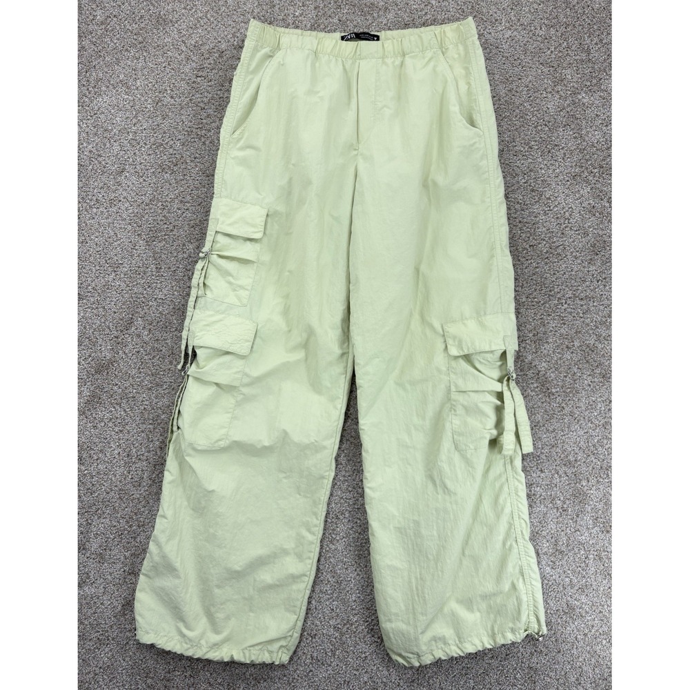 ZARA Wide Leg Pull On Parachute Pant Womens Small Green Cargo Pocket Lightweight